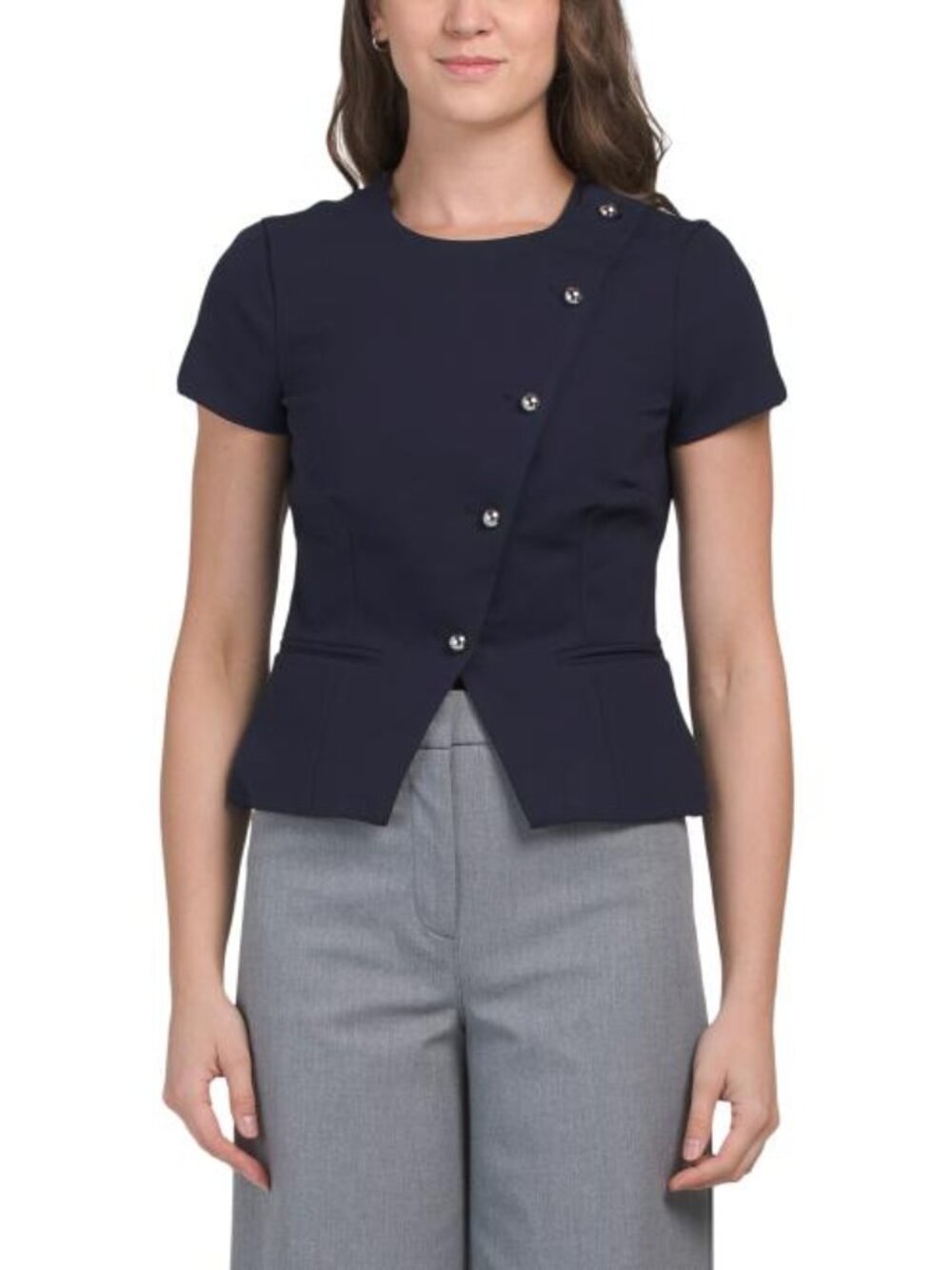 TOCCIN Short Sleeve Asymmetric Button Front Top